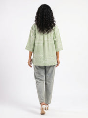 Green Shirt Collar Geometric Print Cotton Top For Women
