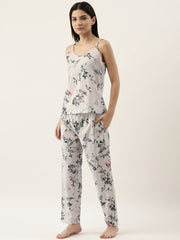 White Printed 3-Piece Cotton Night Suit Set With Pajama For Women