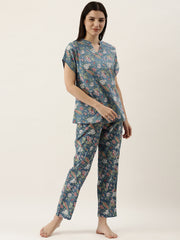 Turquoise Cotton Printed Night Suit Set With Pajama