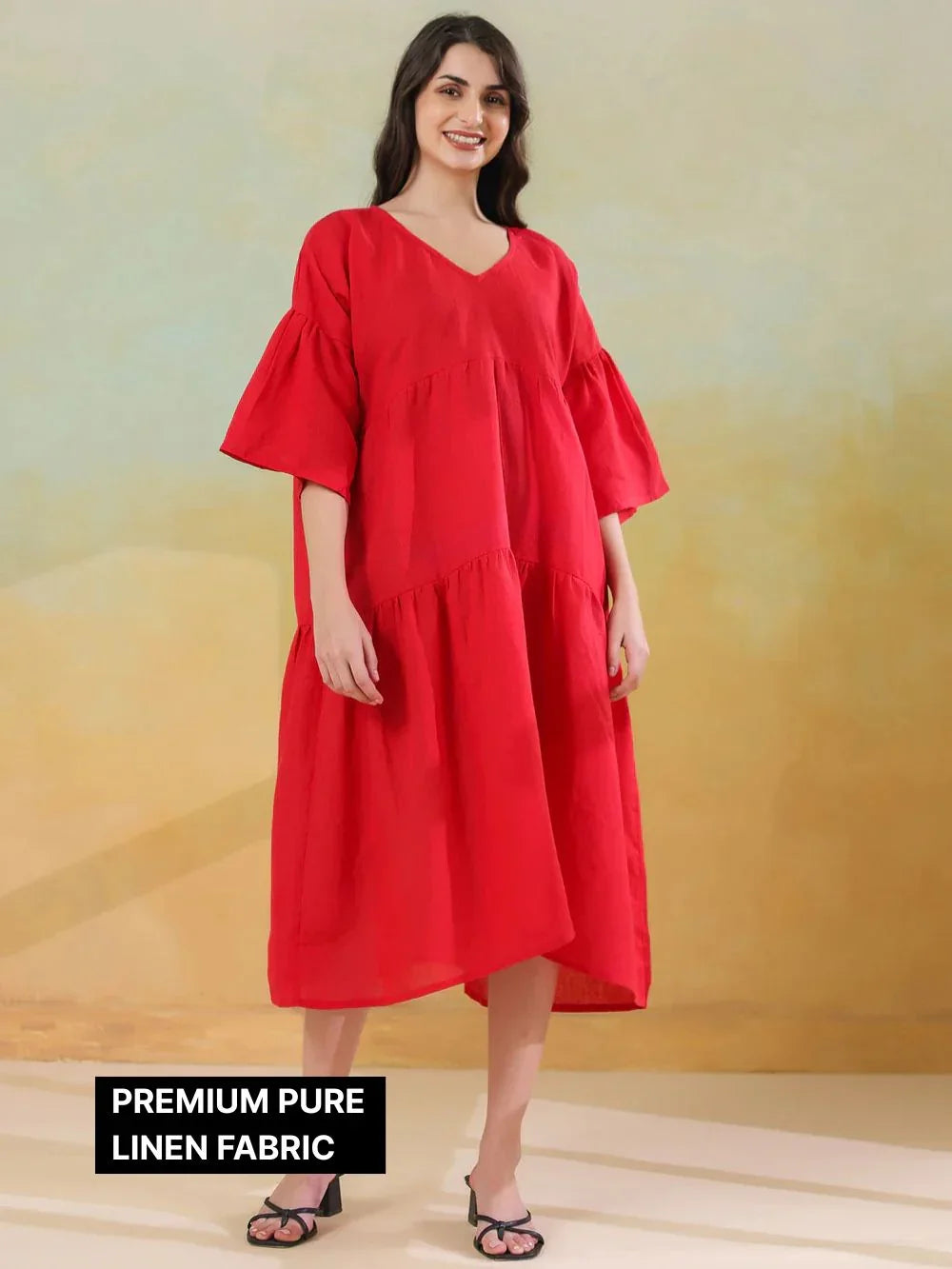 Red Color Linen Blend V-Neck Dress for Women - SanskrutiHomes 