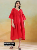 Red Color Linen Blend V-Neck Dress for Women - SanskrutiHomes 