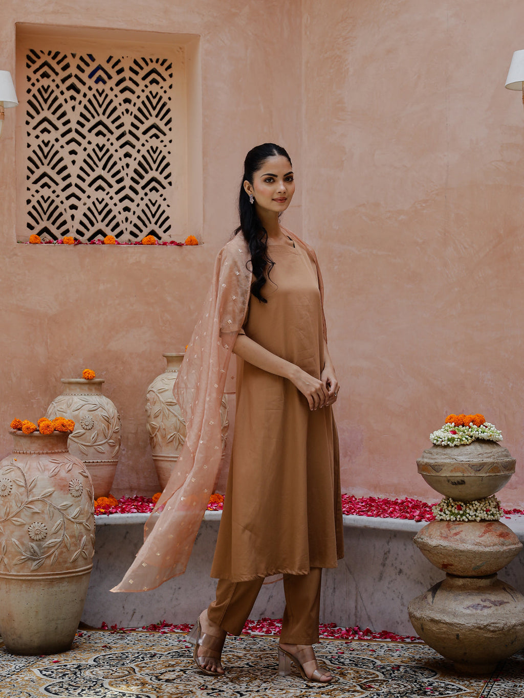 Brown Solid Print Cotton Kurta With Dupatta