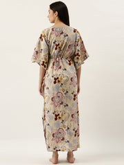 Beige Cotton Printed Kaftan Maxi Dress