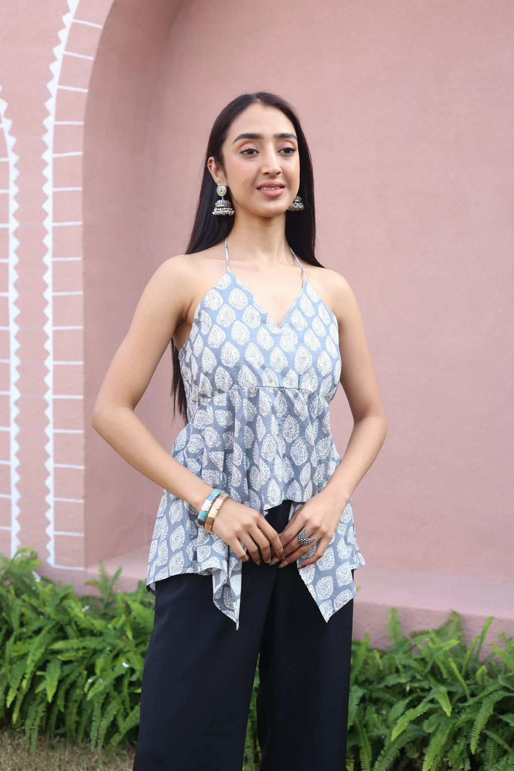 Grey Floral Print Cotton V-Neck Top for Women - SanskrutiHomes 