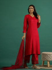 Red V-Neck Solid Sequinned Straight Kurta Set With Dupatta For Women