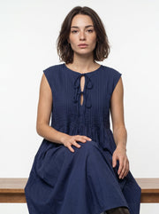 Navy Blue Solid Round Neck Flared Cotton Dress For Women