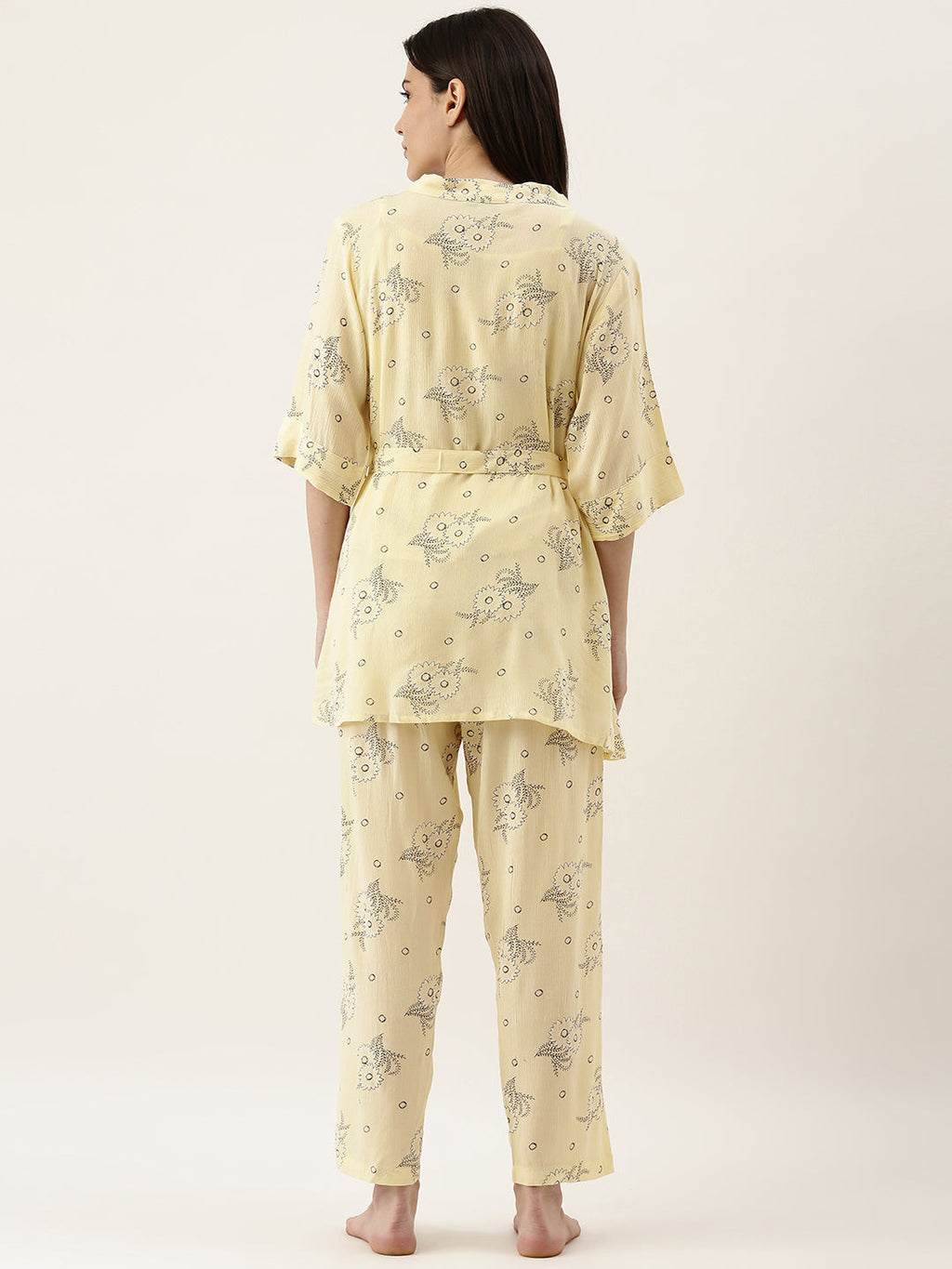 Yellow Rayon Crepe Printed Night Suit Shrug Set
