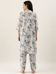 White Printed 3-Piece Cotton Night Suit Set With Pajama For Women