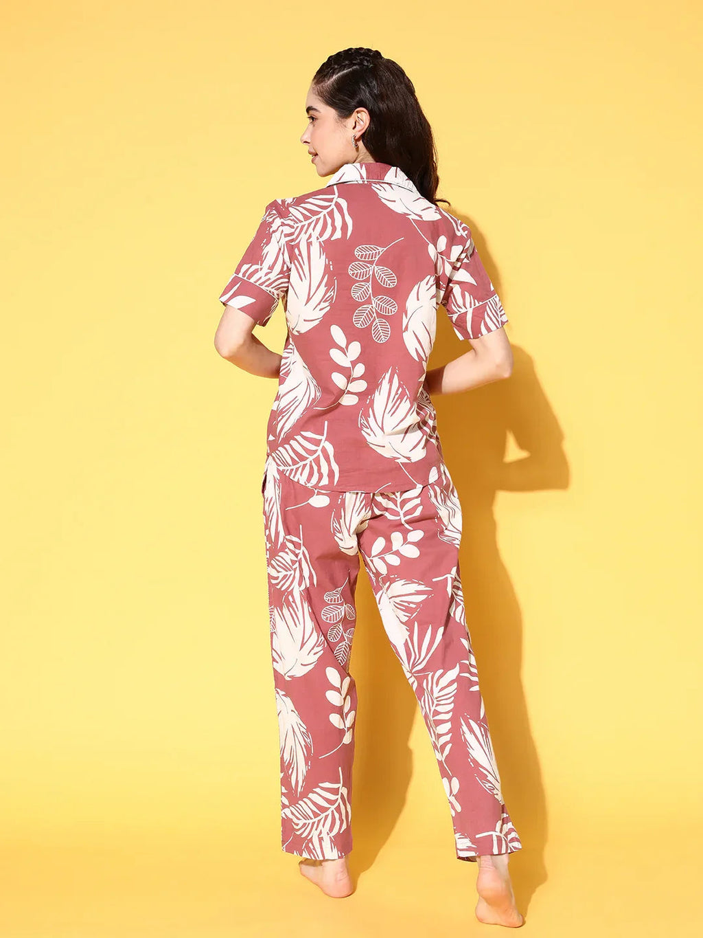 Wine Cotton Printed Night Suit Set with Payjama - SanskrutiHomes 