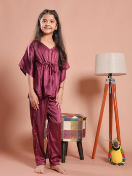 Burgundy Color V-Neck Solid Kids Night Suit - SanskrutiHomes 