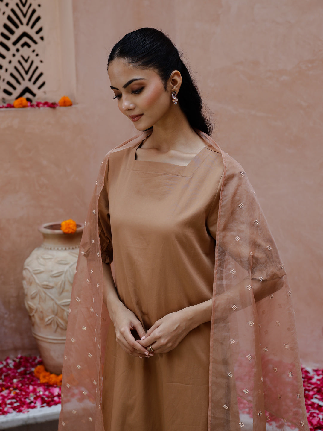 Brown Solid Print Cotton Kurta With Dupatta