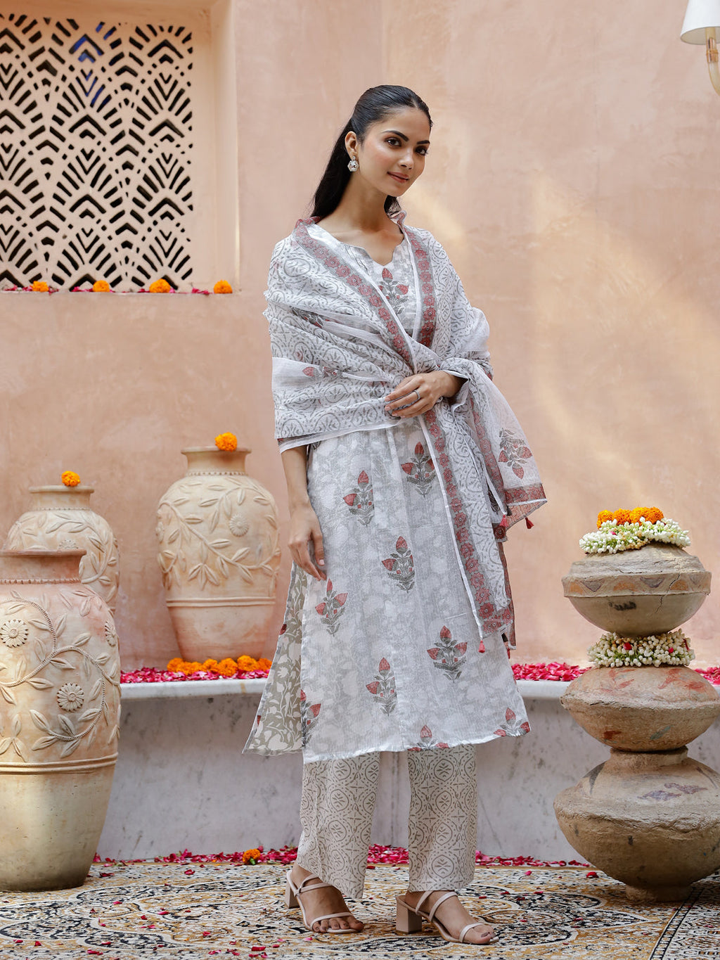 Set Of 3 Floral Printed Cotton Kurta Set