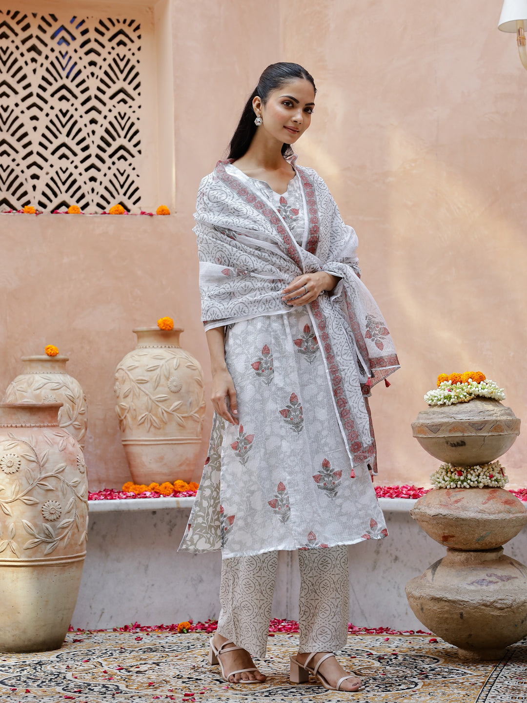 Set Of 3 Floral Printed Cotton Kurta Set