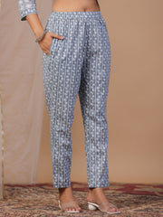 Grey Ethnic Motifs Printed Round Neck Pure Cotton Kurta Trousers Dupatta Set For Women