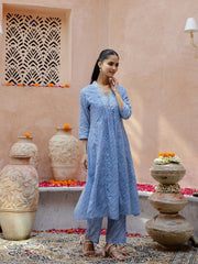 Blue Striped Printed V-Neck Cotton Kurta Set