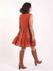 Rust Printed Shoulder Straps Sleeveless Midi Dress For Women