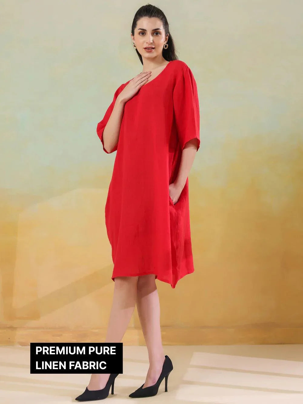 Red Round Neck Linen Blend Dress for Women - SanskrutiHomes 