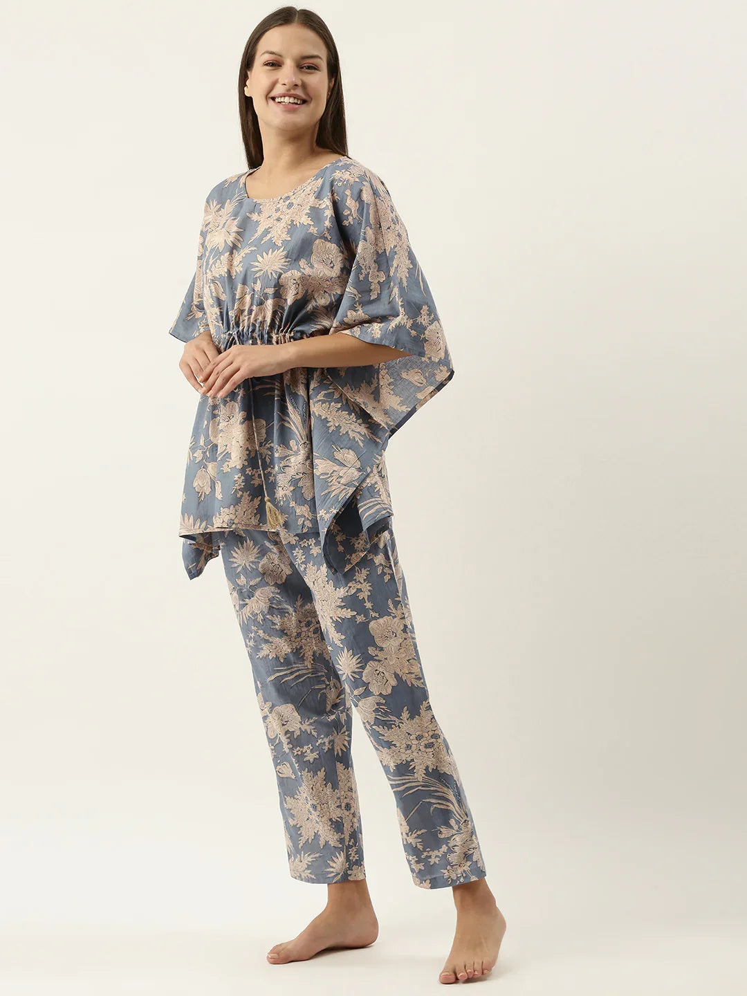 Powder Blue Cotton Printed Kaftan and Pajama Set - SanskrutiHomes 