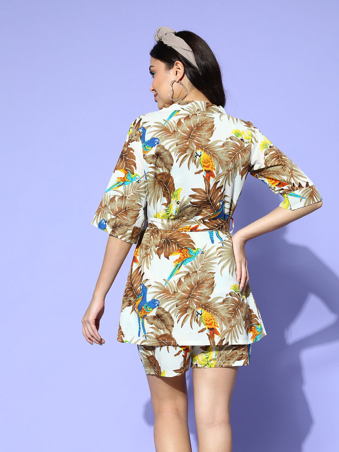 Women White & Brown Floral Printed Cotton Night Suit Set With Robe