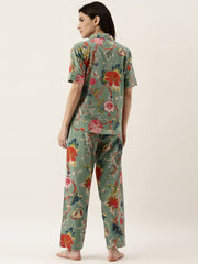 Green Cotton Floral Print Shirt Collar Night Suit Set With Pajama