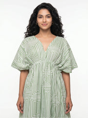 Off White Abstract Print V-Neck Flared Cotton Dress For Women