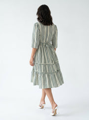 Off White V-Neck Abstract Print Cotton Flared Dress For Women