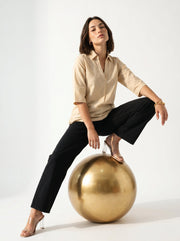 Beige Shirt Collar Solid Cotton Top For Women