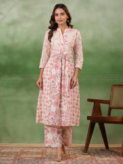 White Band Collar Ethnic Motif Print Pure Cotton A -Line Kurta Set For Women