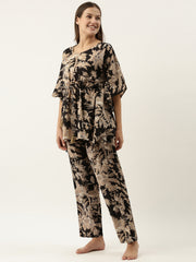 Black Cotton Printed Kaftan And Pajama Set For Women