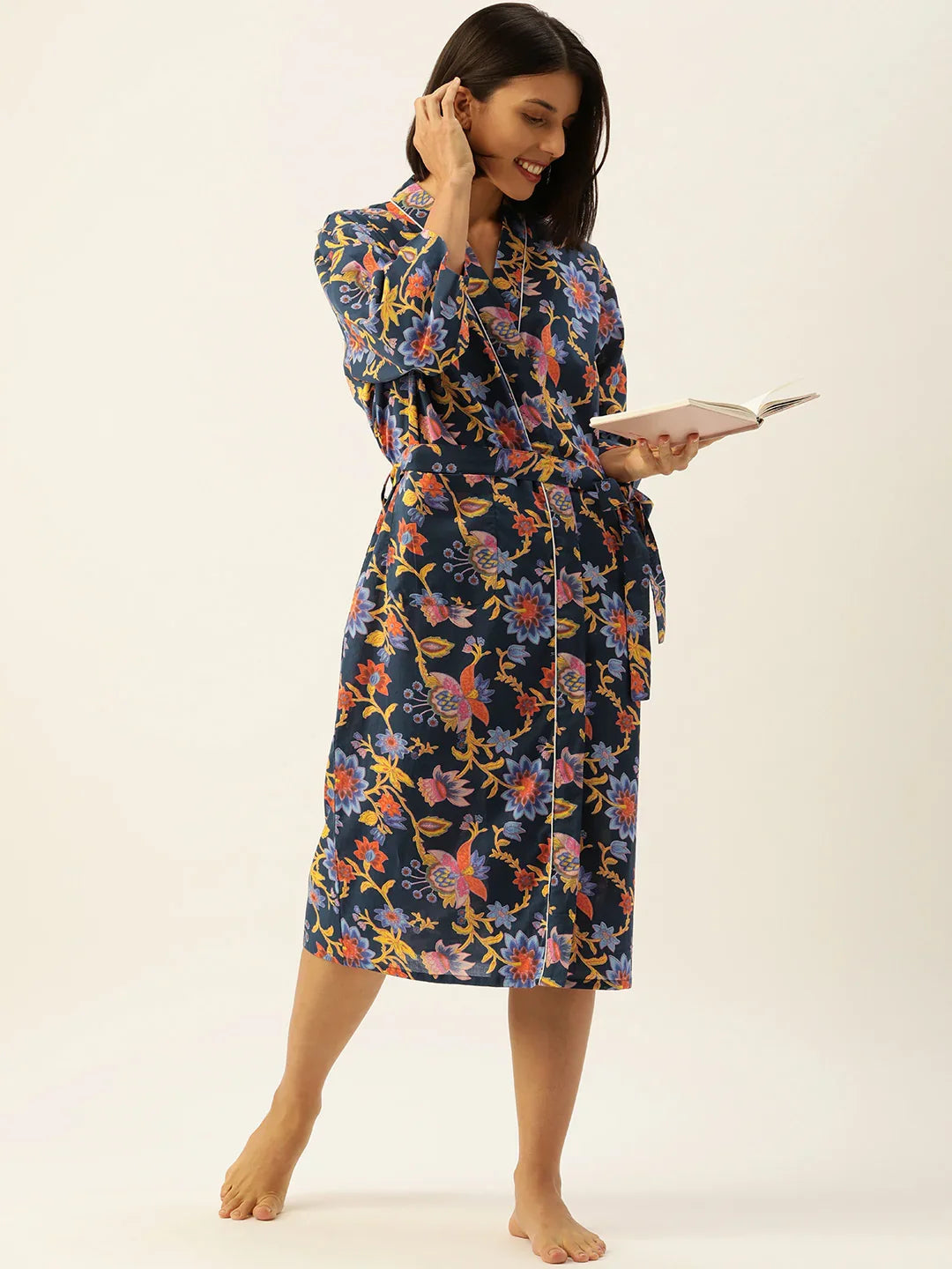 BLUE Multi-colour Pure Cotton kimono robe - SanskrutiHomes 