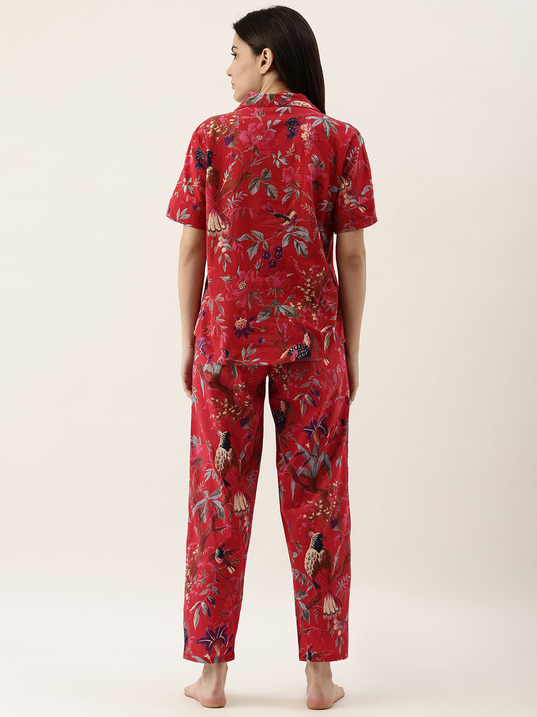 Red Cotton Printed Night Suit Set With Pajama