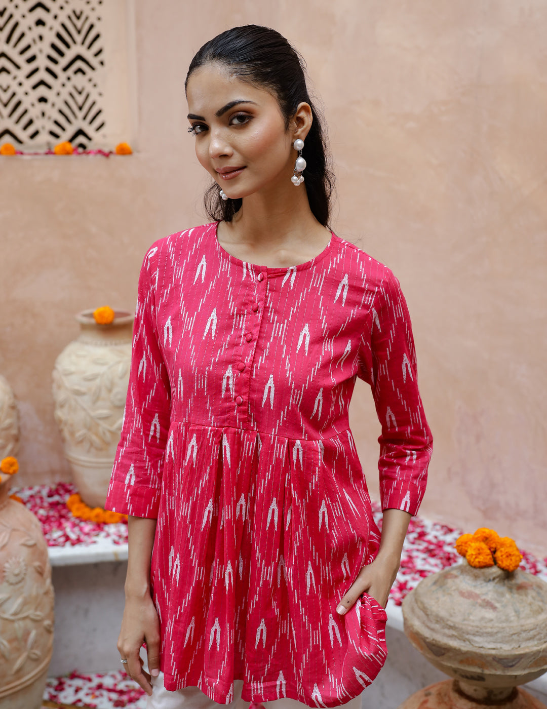 Pink Pure Cotton Round Neck Kurti For Women