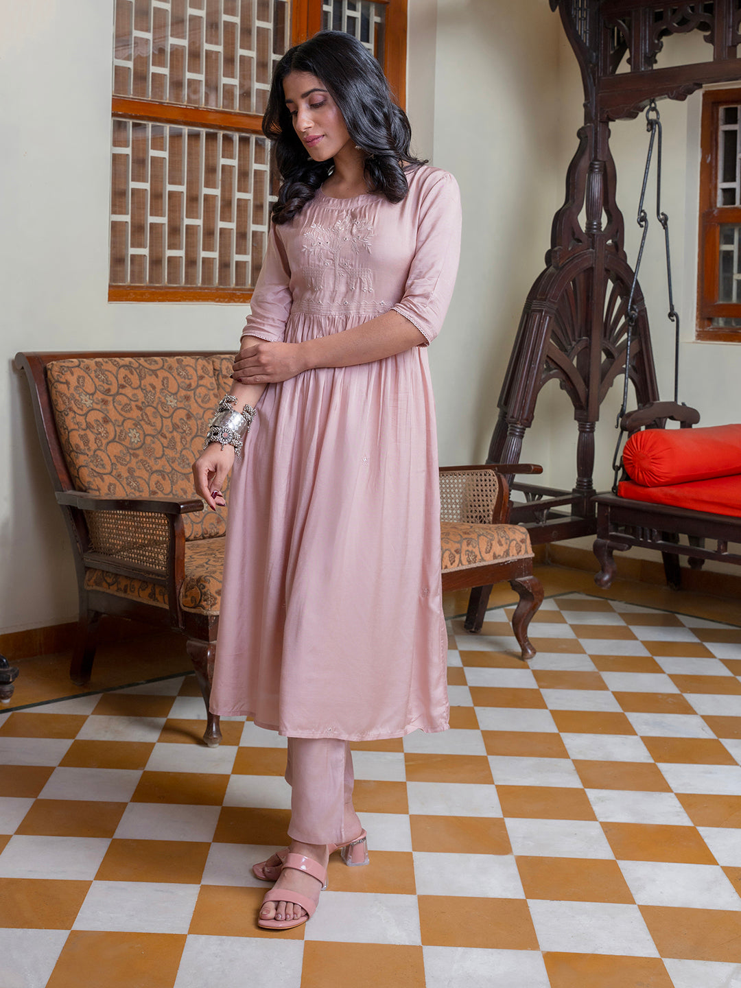 Pink Solid Print Cotton Kurta Set