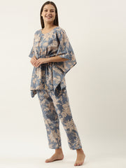 Powder Blue Cotton Printed Kaftan & Pajama Set