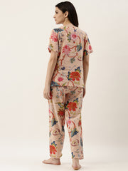 Beige Cotton Printed Night Suit Set With Pajama