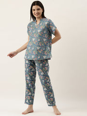 Turquoise Cotton Printed Night Suit Set With Pajama