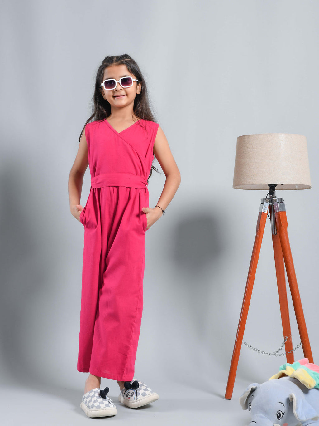 Pink Solid V-Neck Jumpsuit For Kids