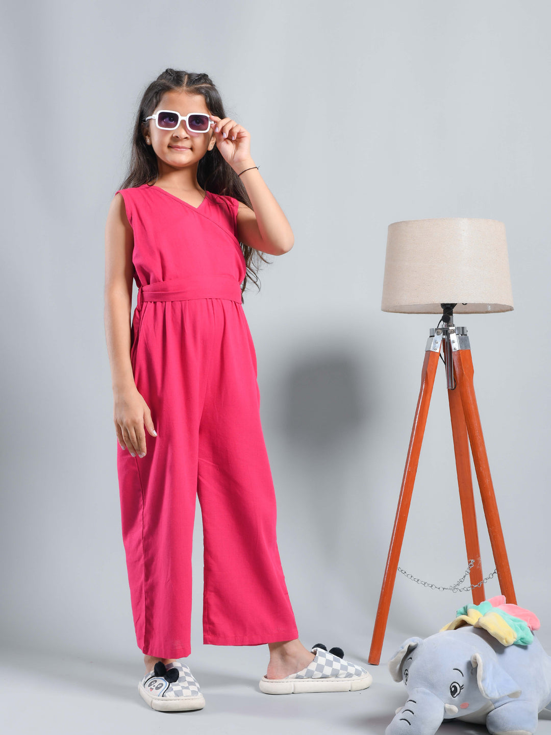 Pink Solid V-Neck Jumpsuit For Kids