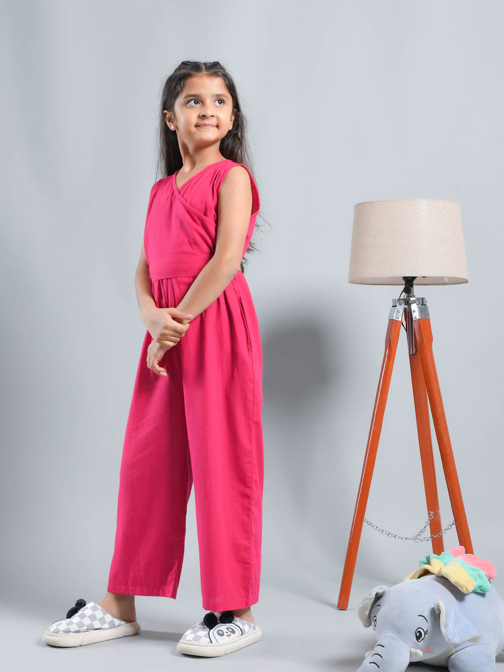 Pink Solid V-Neck Jumpsuit For Kids