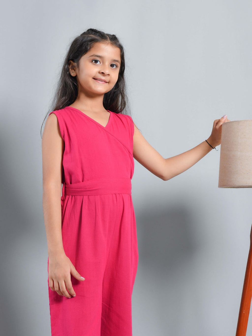 Pink Solid V-Neck Jumpsuit For Kids