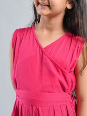 Pink Solid V-Neck Jumpsuit For Kids