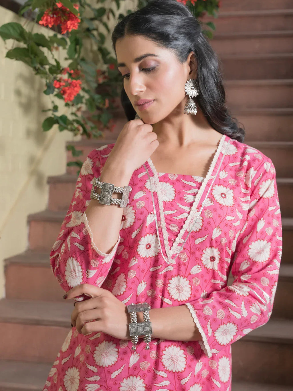 Floral Printed Pure Cotton Straight Kurta With Trousers & Dupatta - SanskrutiHomes 