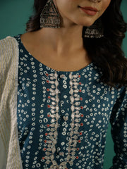 Green Bandhani Print Round Neck Cotton Kurta Set for Women - SanskrutiHomes 