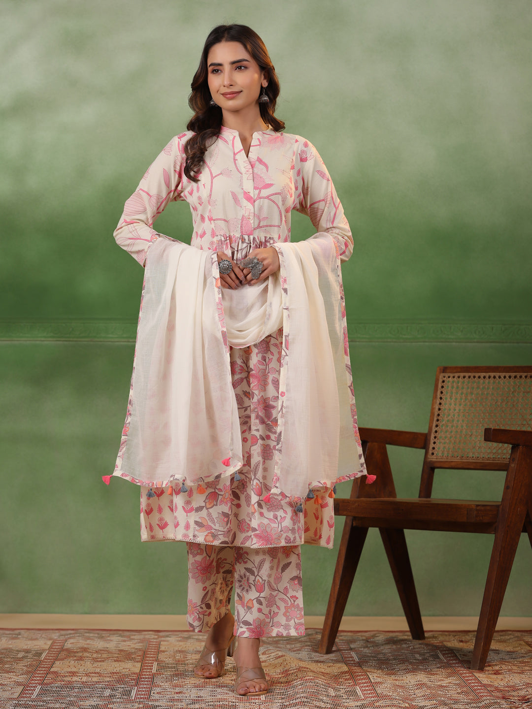 Pure Cotton Pleated A-Line Kurta With Trousers & Dupatta