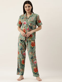 Green Cotton Floral Print Shirt Collar Night Suit Set With Pajama