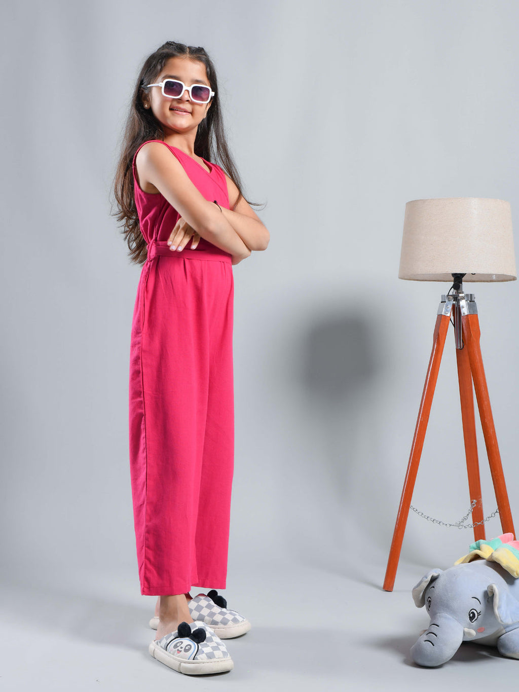 Pink Solid V-Neck Jumpsuit For Kids
