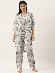 White Printed 3-Piece Cotton Night Suit Set With Pajama For Women