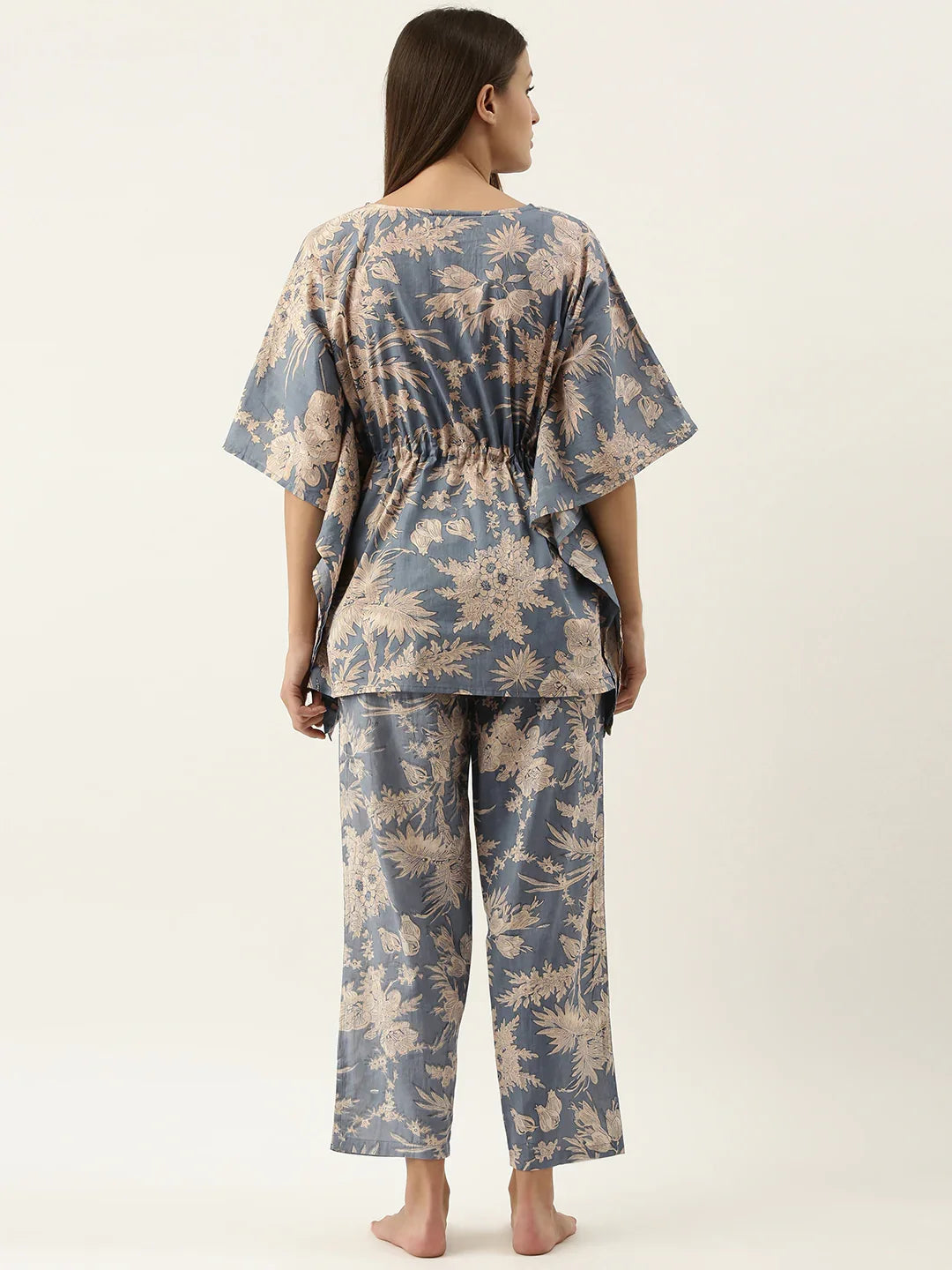 Powder Blue Cotton Printed Kaftan and Pajama Set - SanskrutiHomes 