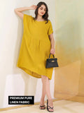 Yellow Solid Linen Blend Dress for Women - SanskrutiHomes 