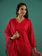 Red V-Neck Solid Sequinned Straight Kurta Set With Dupatta For Women
